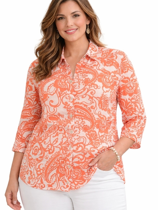 Chico's Tops - Chico’s 100% Linen Shirt Size 16 Orange White Paisley Button Front Top Classic